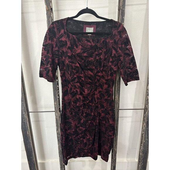 Maeve Elorn lace ruched dress from Anthropologie Sz 12 Burgundy & Black - Picture 1 of 7